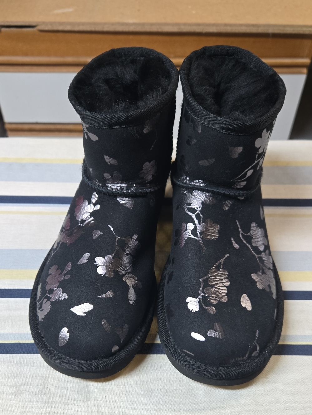 UGG Black Metallic Floral Short Shearling Boots - Women